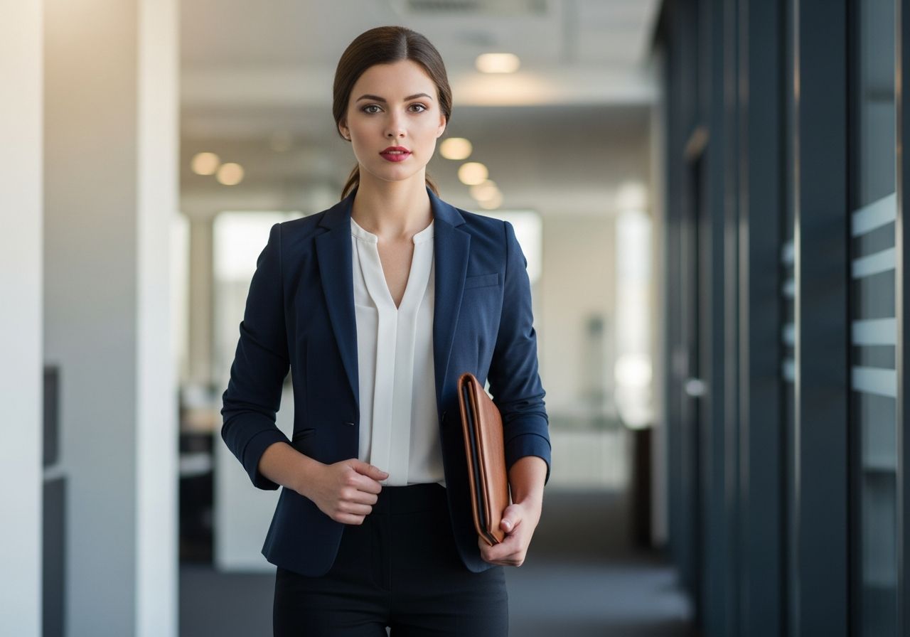 Mladá žena v kancelárii v tmavomodrom saku drží kožené portfólio v modernom prostredí