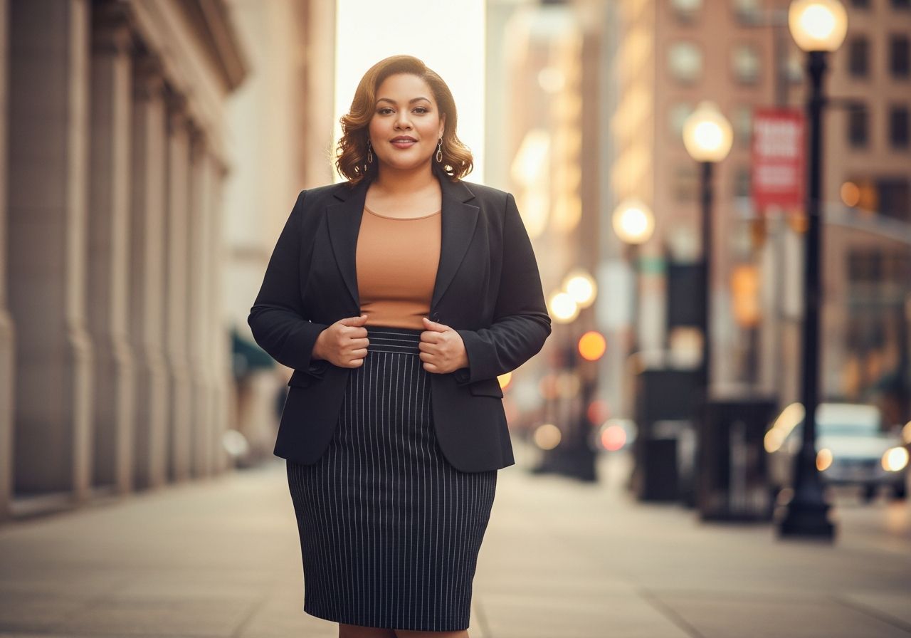 Sebavedomá plus size žena v štýlovom outfite v mestskom prostredí s jemne rozostreným pozadím.