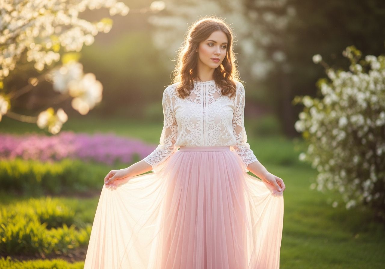 Mladá žena v záhrade v ružovej sukni a bielej čipkovanej blúzke pri kvetoch a zelenej vegetácii