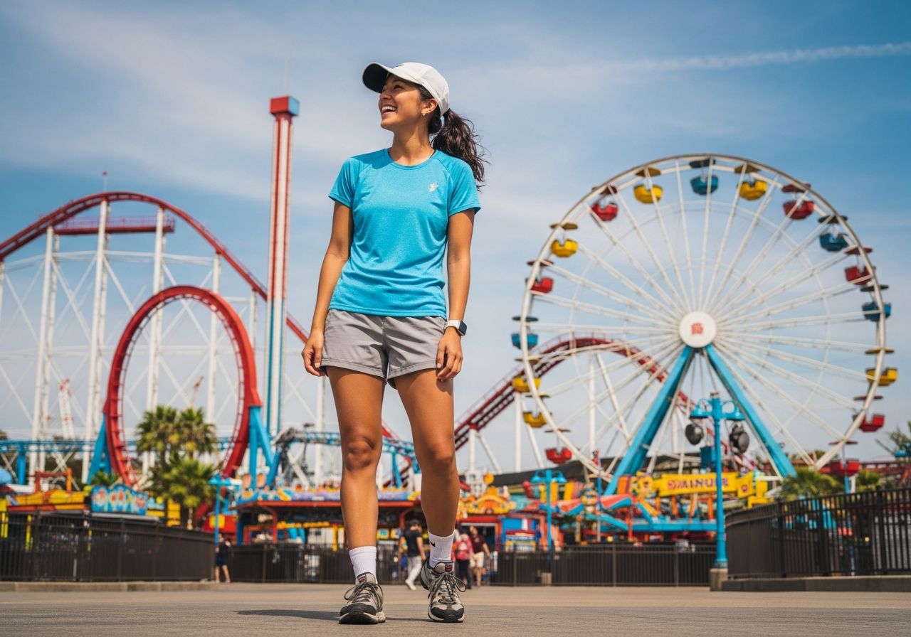usmievavá mladá žena v športovom oblečení pred farebným zábavným parkom s horskými dráhami