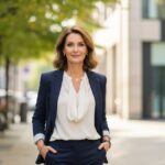 Elegantná žena okolo päťdesiatky v mestskom prostredí, oblečená v saku a nohaviciach, stojaca vonku.