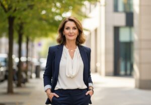 Elegantná žena okolo päťdesiatky v mestskom prostredí, oblečená v saku a nohaviciach, stojaca vonku.