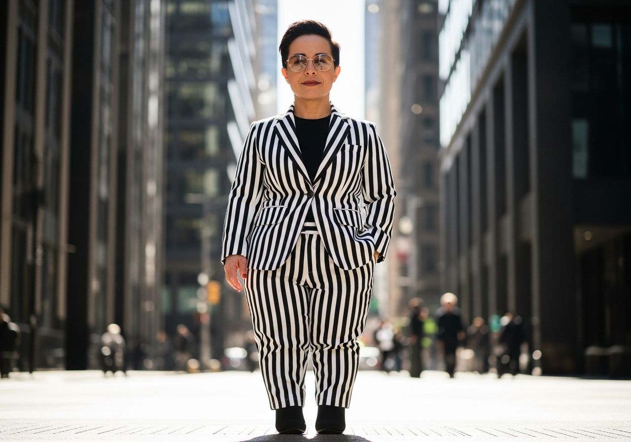 Sebavedomá osoba v pruhovanom oblečení stoji v mestskom prostredí za denného svetla.