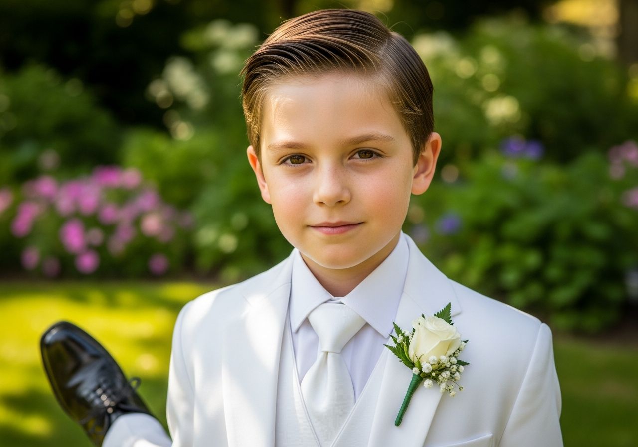 mali chlapec v bielom obleku stojaci v slnečnej záhrade s pokojým výrazom tváre