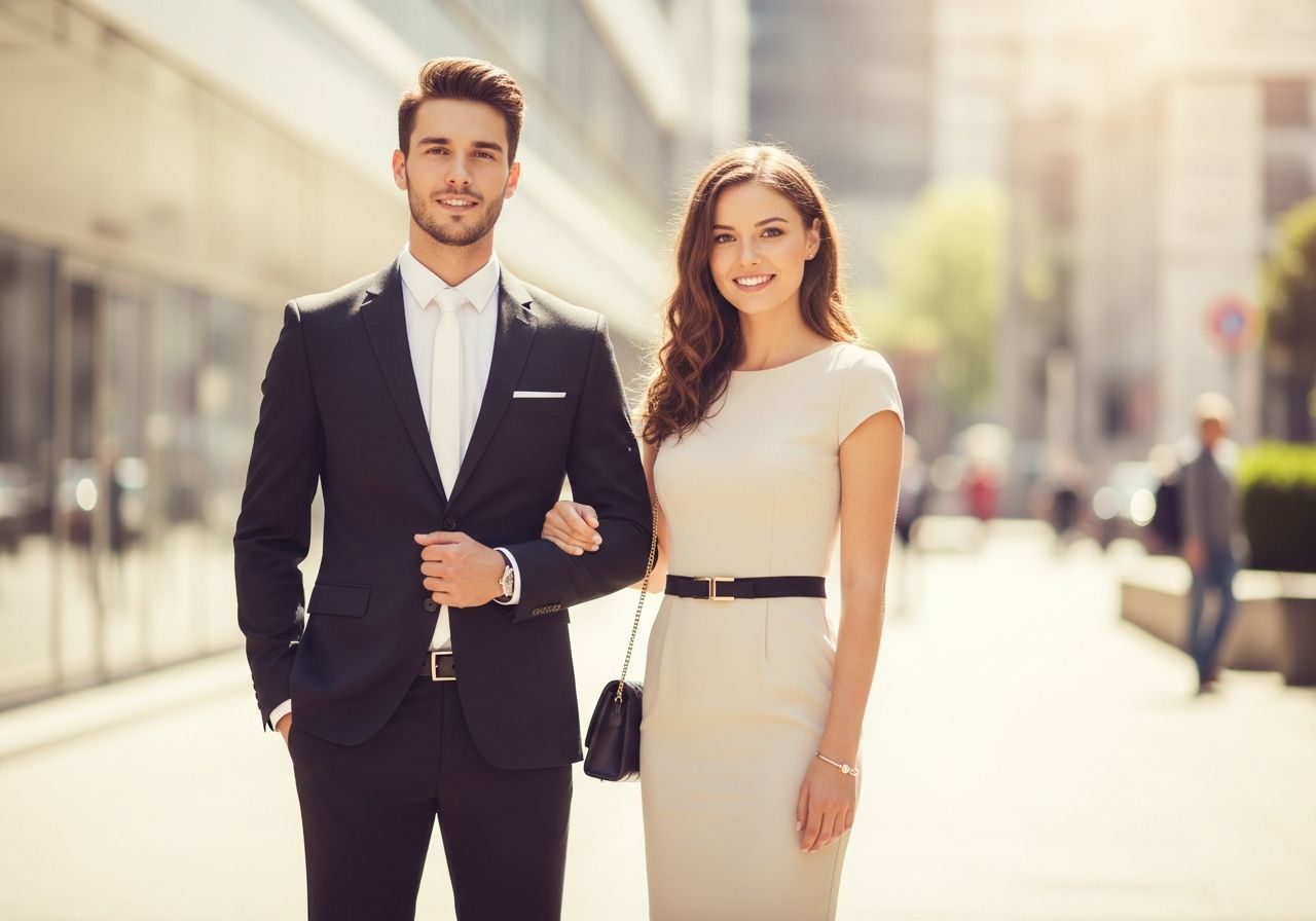 Mladý muž a žena v slávnostnom promóčnom odeve na mestskom pozadí počas dňa promócie.