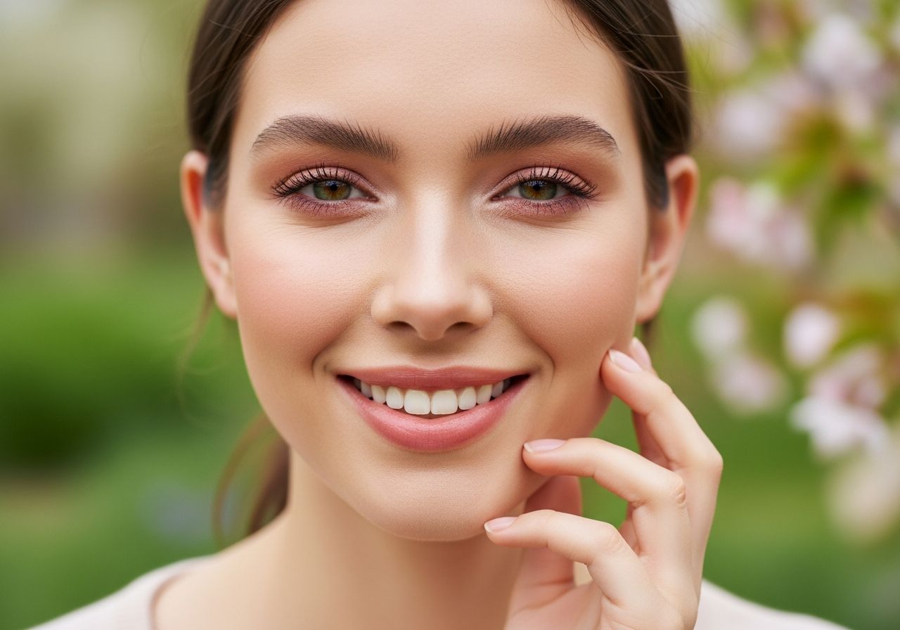 Mladá žena s prirodzeným jarným líčením, svetlou pleťou a jemným make-upom v záhrade