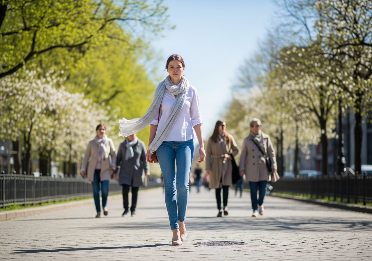 Mladá žena kráča ulicou mesta na jar, oblečená v ľahkej blúzke a džínsoch, s šatkou vo vetre.