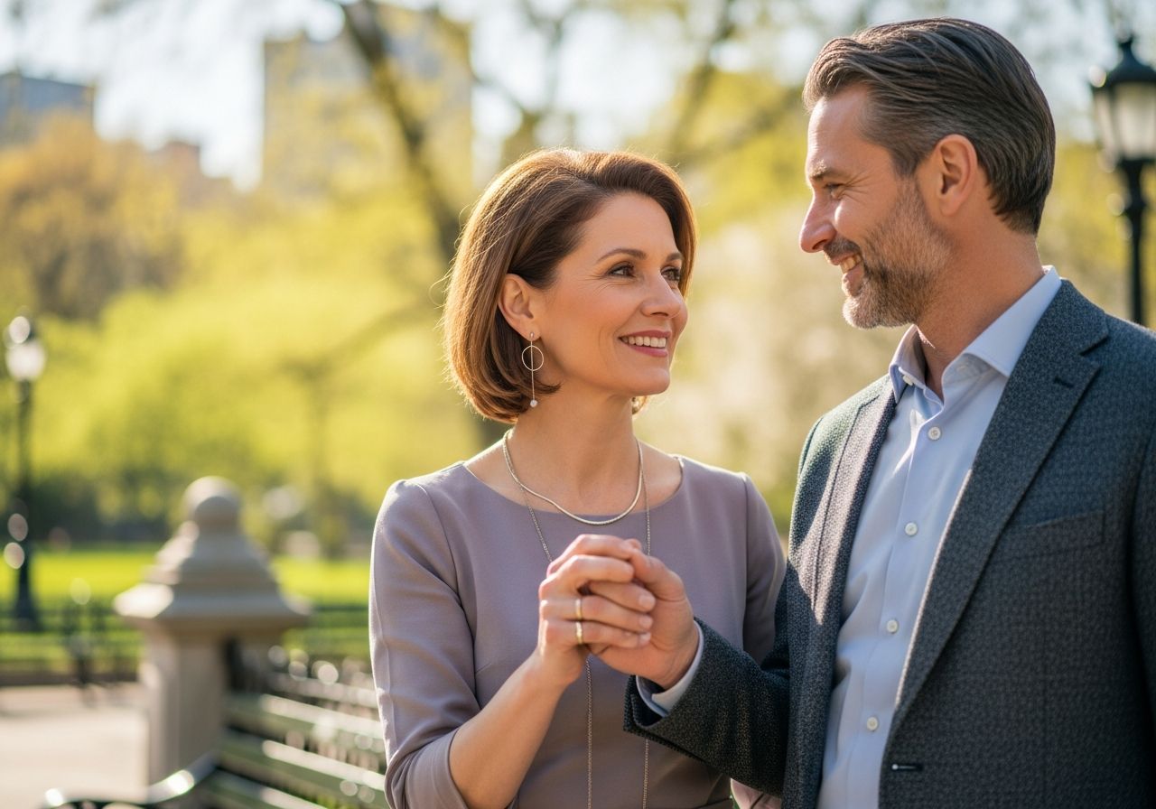 Stredoveký pár na romantickej prechádzke v mestskom parku na jar, držiac sa za ruky a usmievajúc.