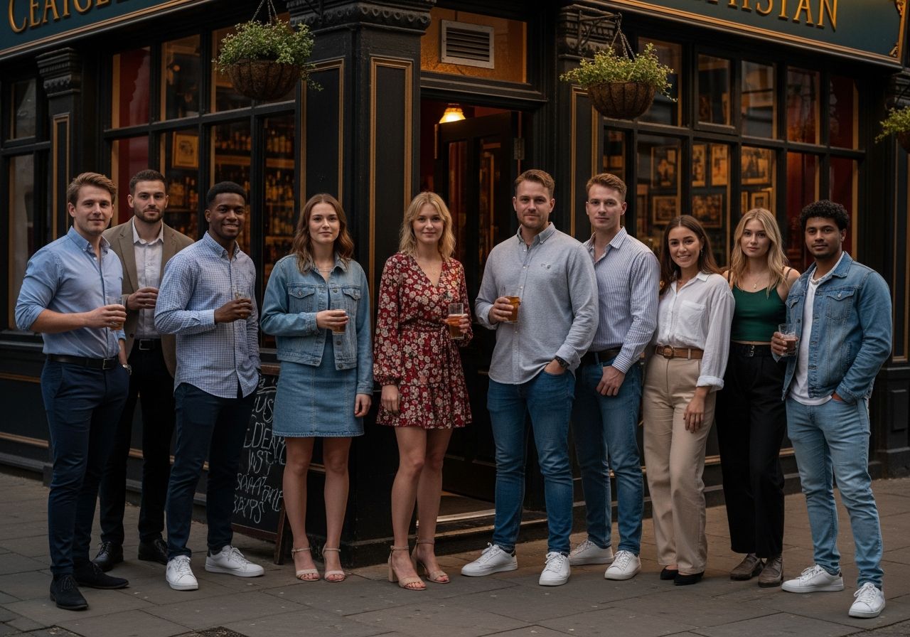 Skupina mladých ľudí pri vchode do mestského pubu večer, uvoľnená a priateľská atmosféra.