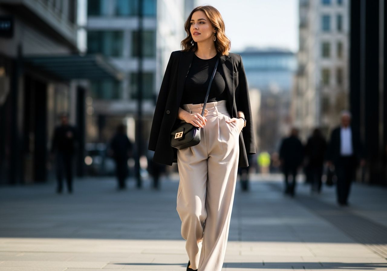 Mladá žena kráča mestskou ulicou v širokých nohaviciach, prirodzené denné svetlo, ostrá fotografia