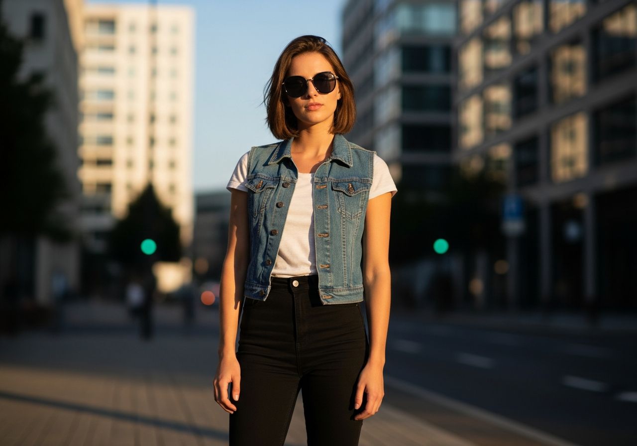 Módna žena v modrej rifľovej veste a čiernych džínsoch stojaca na ulici mesta počas zlatej hodiny.