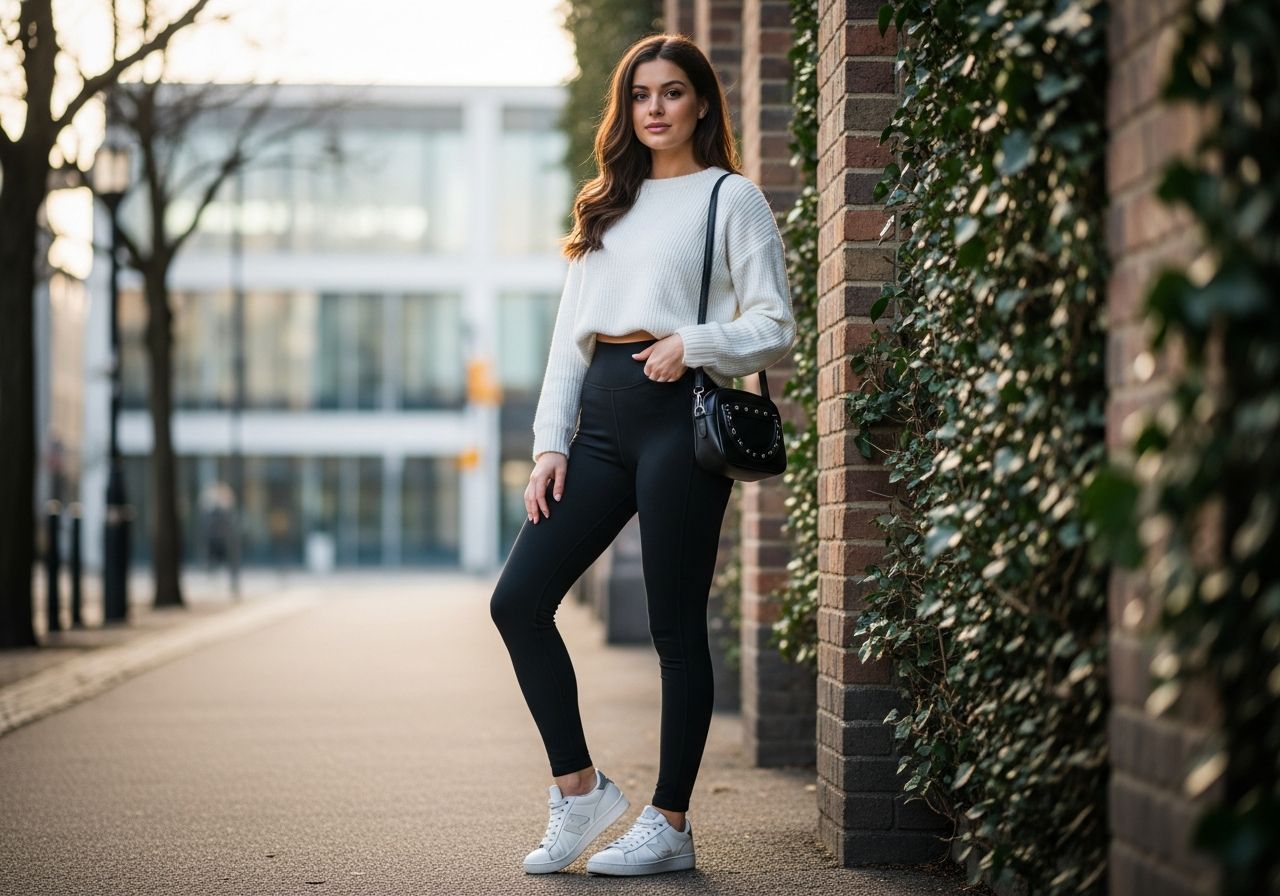 Mladá žena v pohodlných legínach pózuje v prírodnom mestskom prostredí v bežnom oblečení a teniskách