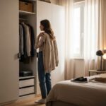 Mladá žena si vyberá oblečenie na kino v modernom minimalistickom spálňovom šatníku.