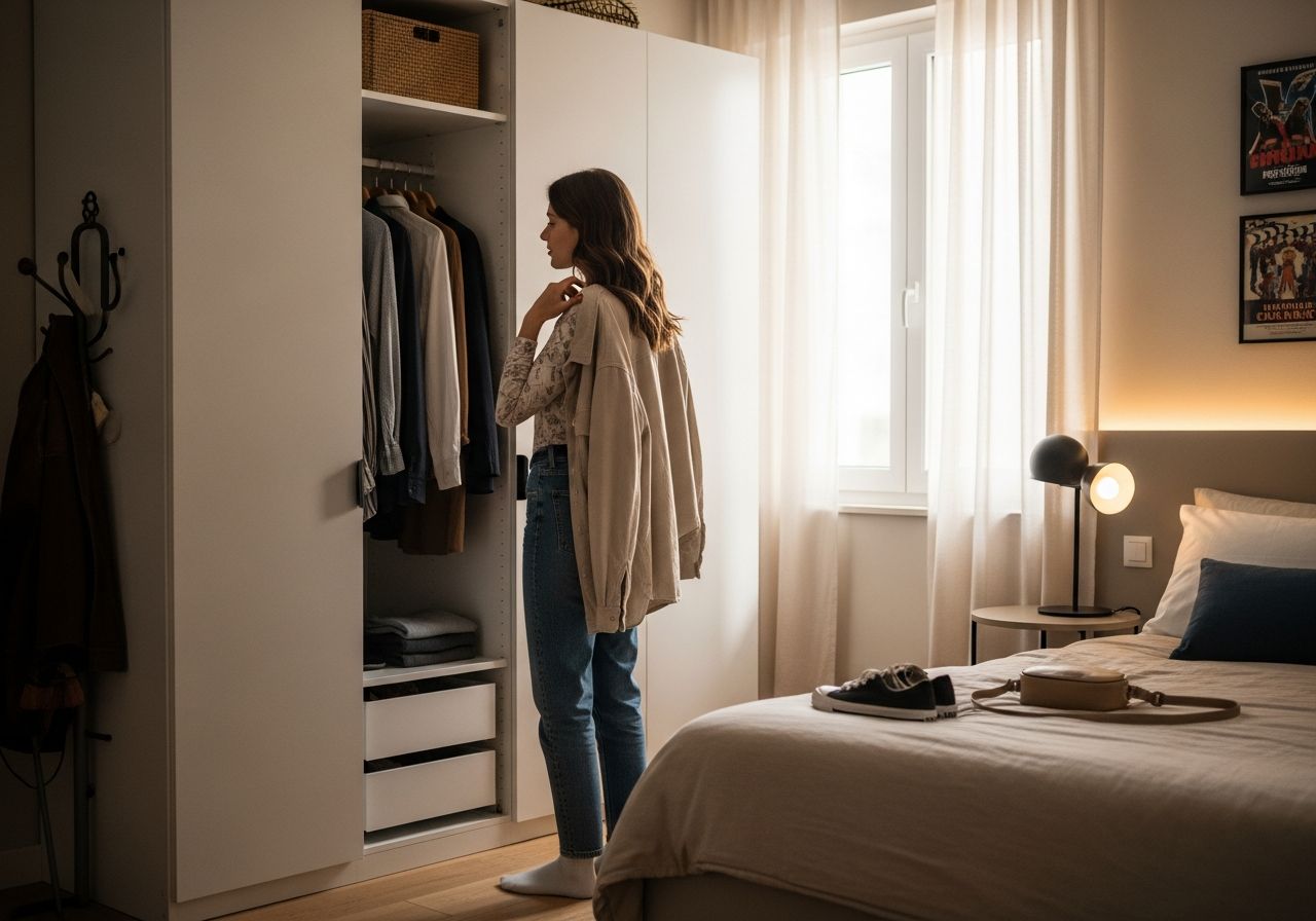 Mladá žena si vyberá oblečenie na kino v modernom minimalistickom spálňovom šatníku.