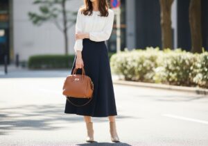 Žena v modrej sukni a bielej blúzke drží koženú kabelku na ulici s prírodným svetlom.