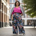 Portrét sebavedomej plus veľkosti ženy v farebnom oblečení na mestskom pozadí, usmievajúca sa, celý postava