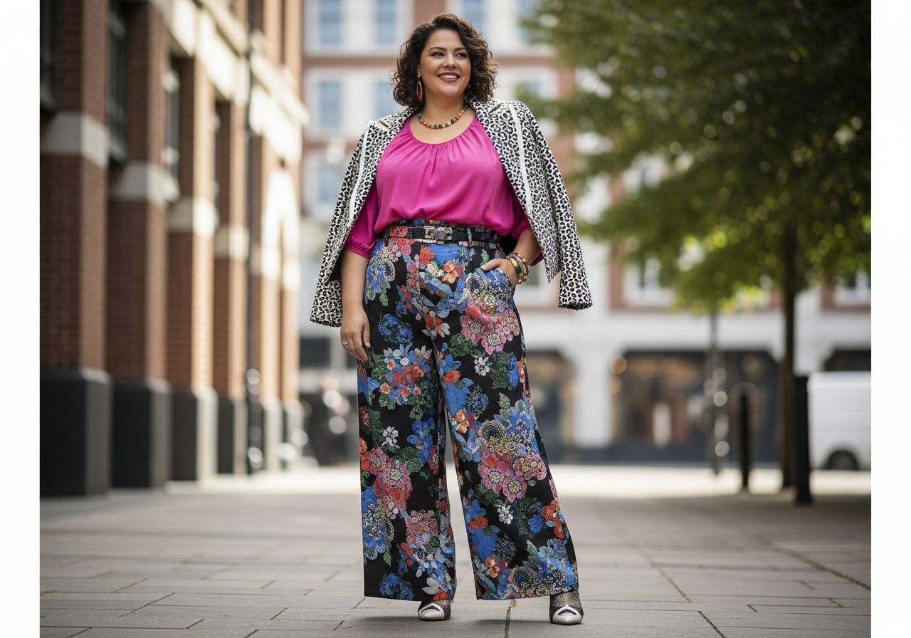 Portrét sebavedomej plus veľkosti ženy v farebnom oblečení na mestskom pozadí, usmievajúca sa, celý postava