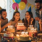 Skupenina priateľov oslavuje narodeniny pri stole s tortami, balónmi a ozdobami v útulnom prostredí.