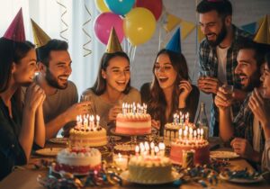 Skupenina priateľov oslavuje narodeniny pri stole s tortami, balónmi a ozdobami v útulnom prostredí.