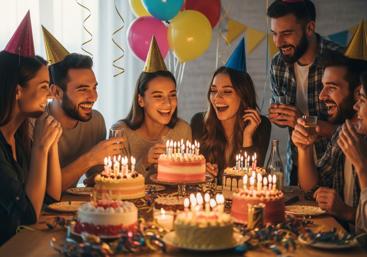 Skupenina priateľov oslavuje narodeniny pri stole s tortami, balónmi a ozdobami v útulnom prostredí.
