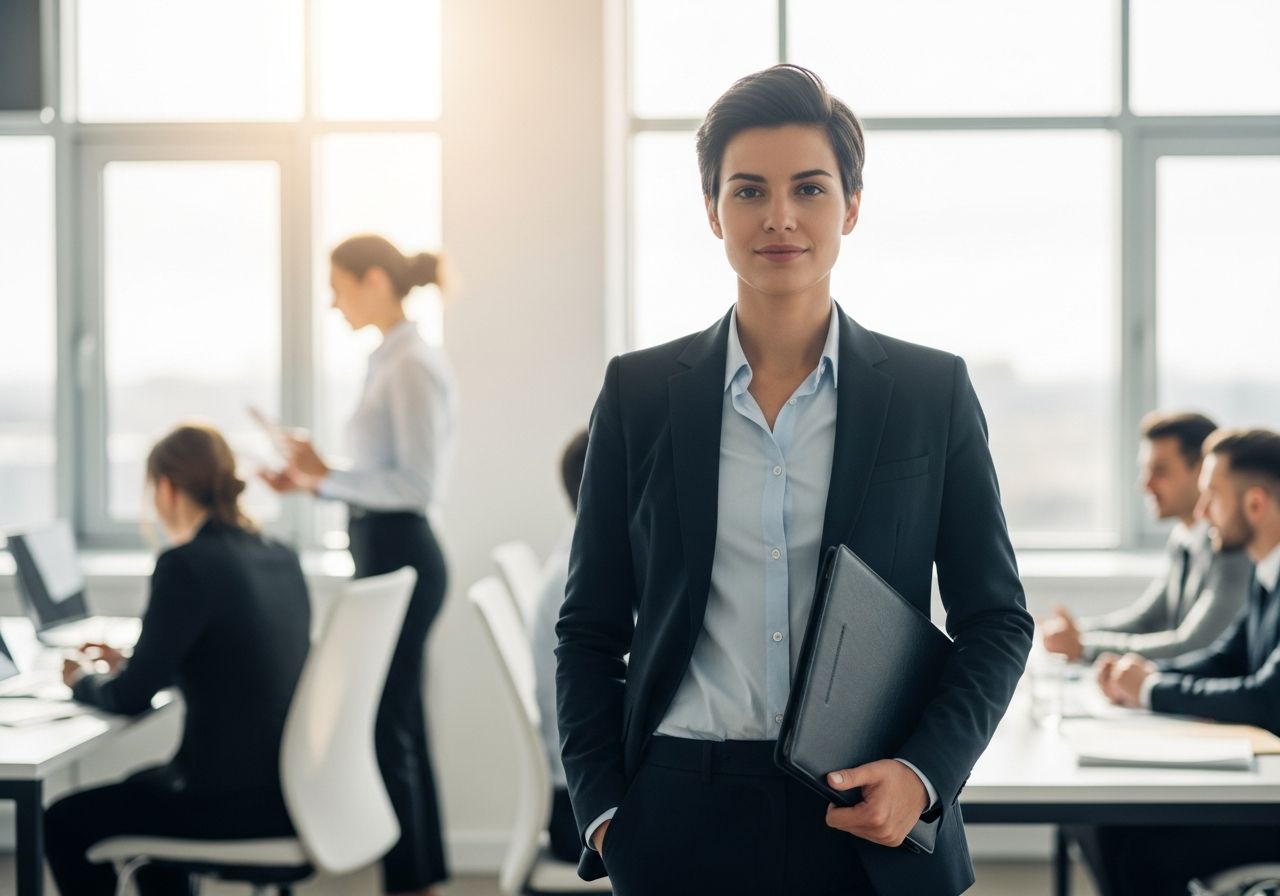 Profesionálny mladý dospelý v kancelárii s portfóliom, v pozadí kolegovia v diskusii.