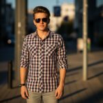 Mladý človek v károvanej košeli stojaci na mestských uliciach počas zlatej hodiny.