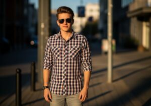 Mladý človek v károvanej košeli stojaci na mestských uliciach počas zlatej hodiny.