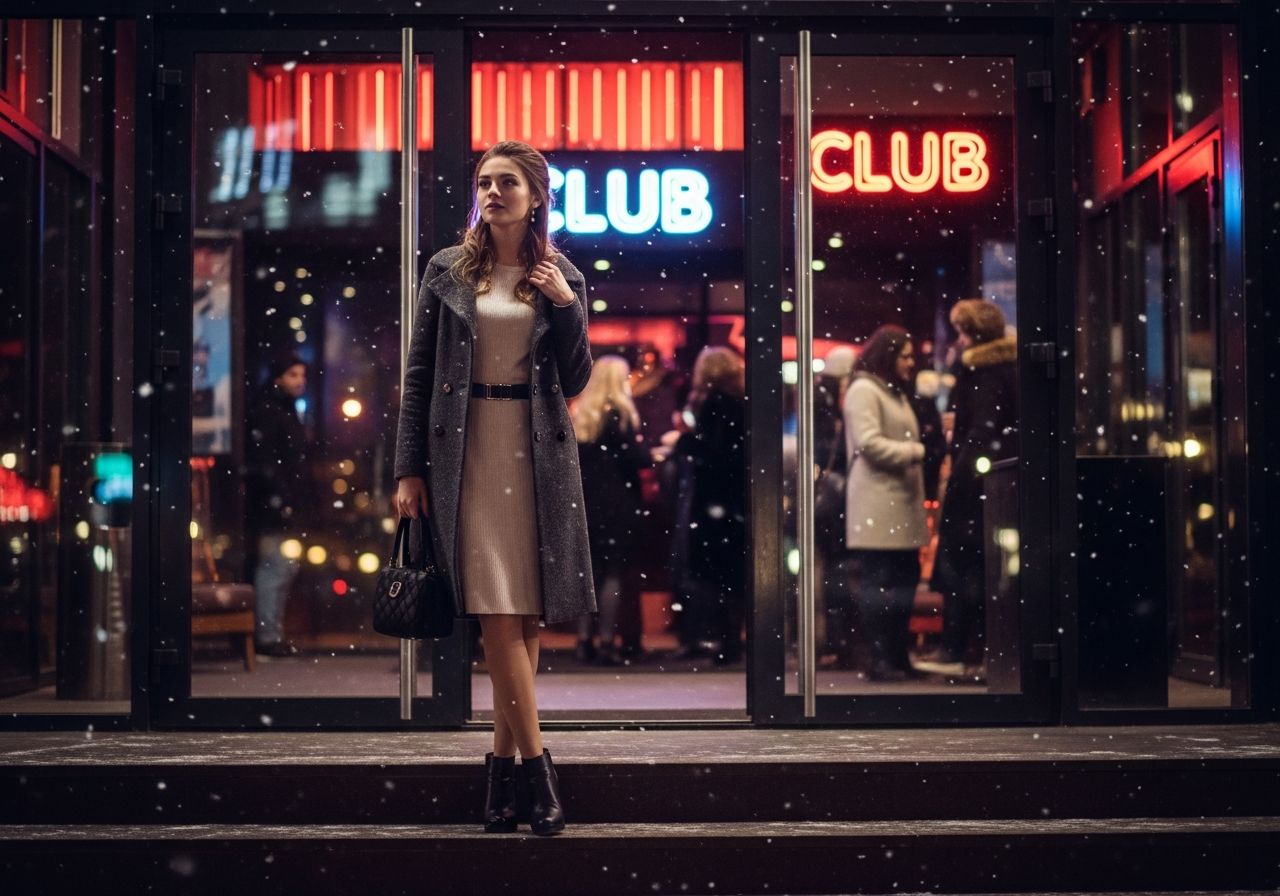 Mladá žena v zimnom kabáte stojí pri vchode do klubu, okolo sneží, nočná mestská atmosféra.