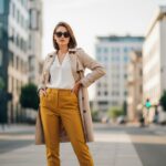 Mladá žena v horčicových nohaviciach, bielej blúzke a béžovom trenkote na mestskom chodníku.