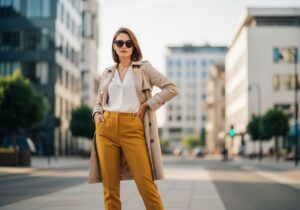 Mladá žena v horčicových nohaviciach, bielej blúzke a béžovom trenkote na mestskom chodníku.