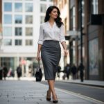 Mladá žena kráča mestskou ulicou v sukni a bielej blúzke, denné svetlo, moderné budovy v pozadí