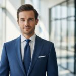 Sebavedomý muž v tmavomodrom obleku v modernom kancelárskom prostredí s jemne rozostreným pozadím