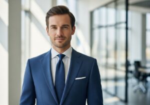 Sebavedomý muž v tmavomodrom obleku v modernom kancelárskom prostredí s jemne rozostreným pozadím