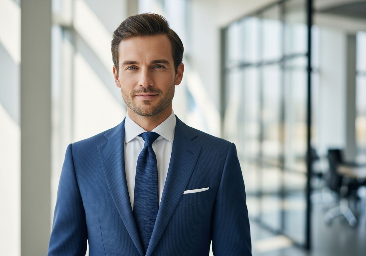Sebavedomý muž v tmavomodrom obleku v modernom kancelárskom prostredí s jemne rozostreným pozadím