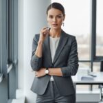 Žena v elegantnom obleku stojí pri okne v modernom kancelárskom prostredí s prirodzeným svetlom.