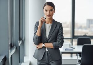 Žena v elegantnom obleku stojí pri okne v modernom kancelárskom prostredí s prirodzeným svetlom.