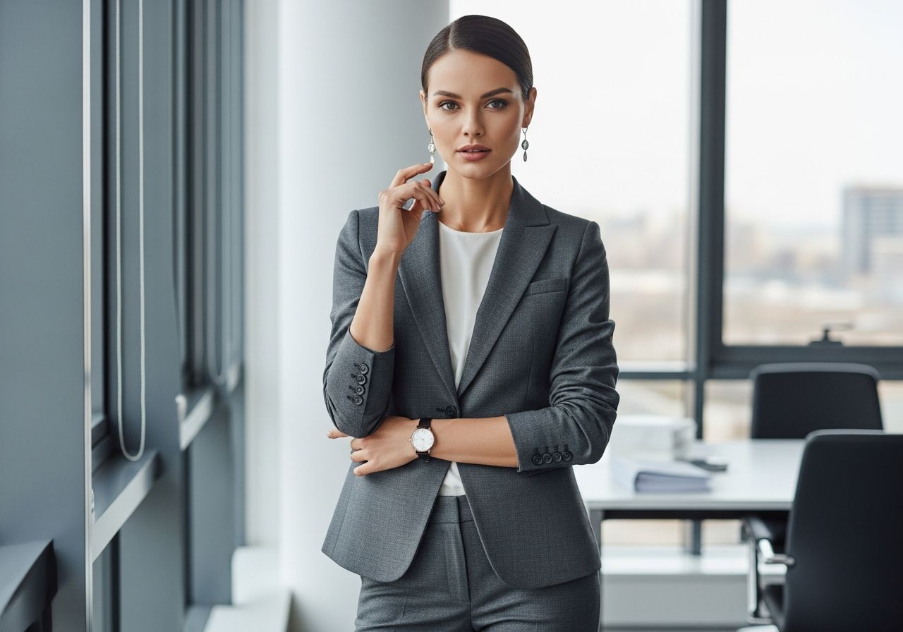 Žena v elegantnom obleku stojí pri okne v modernom kancelárskom prostredí s prirodzeným svetlom.