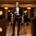 Mladý hosť na elegantnej osemnástke v modernom oblečení drží pohár iskriaceho nápoja v štýlovom interiéri