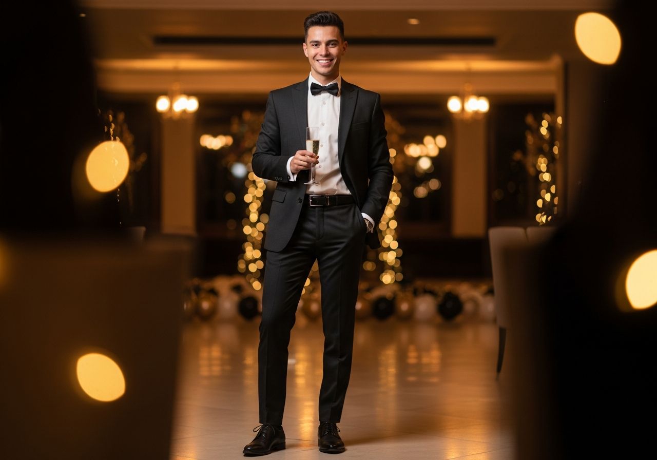 Mladý hosť na elegantnej osemnástke v modernom oblečení drží pohár iskriaceho nápoja v štýlovom interiéri