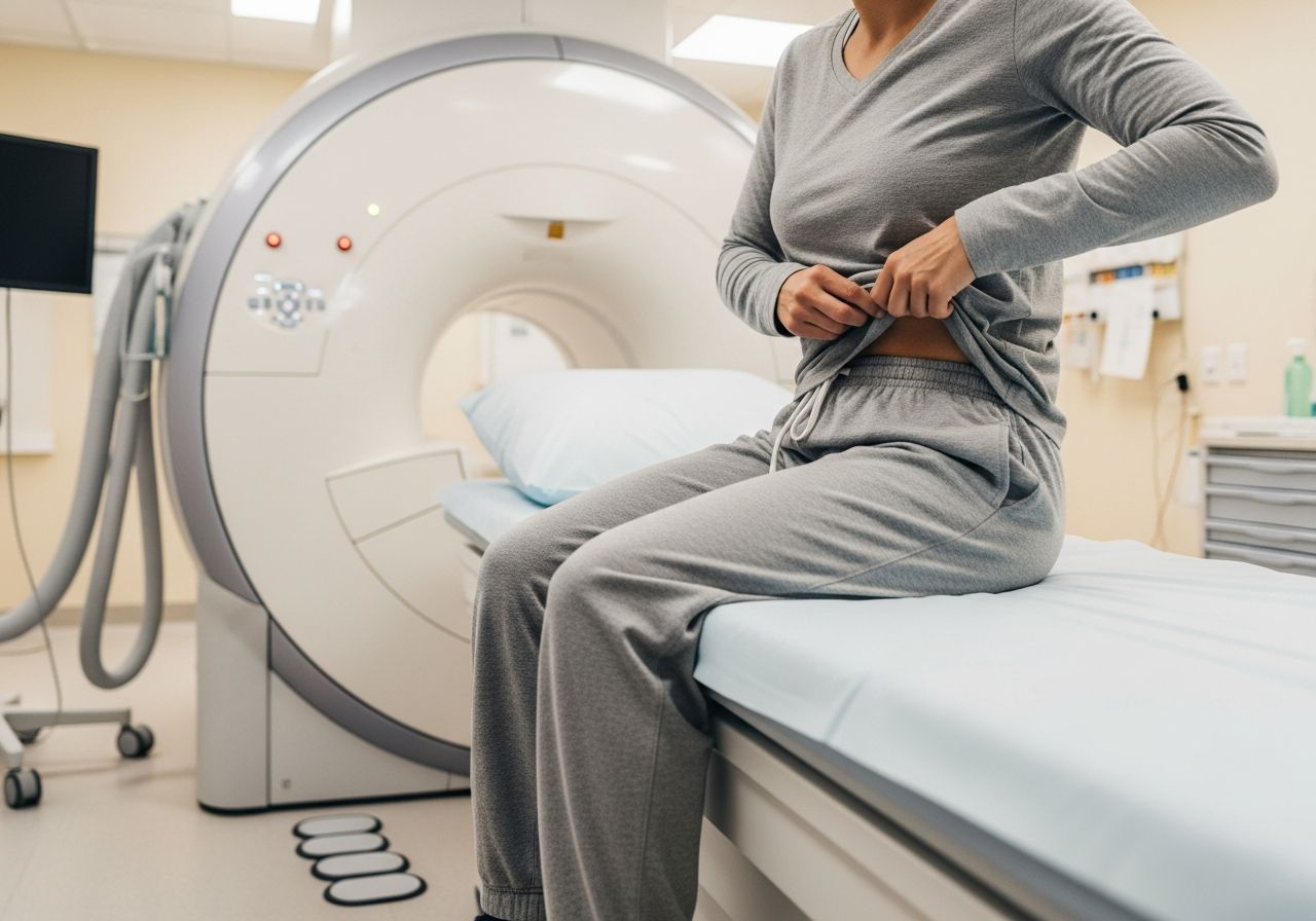 Pacient sediaci na vyšetrovacom stole v nemocnici pred vyšetrením kolena MRI.