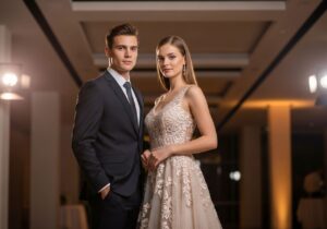 Mladý muž a žena v štýlovom formálnom oblečení na luxusnej párty v modernom prostredí