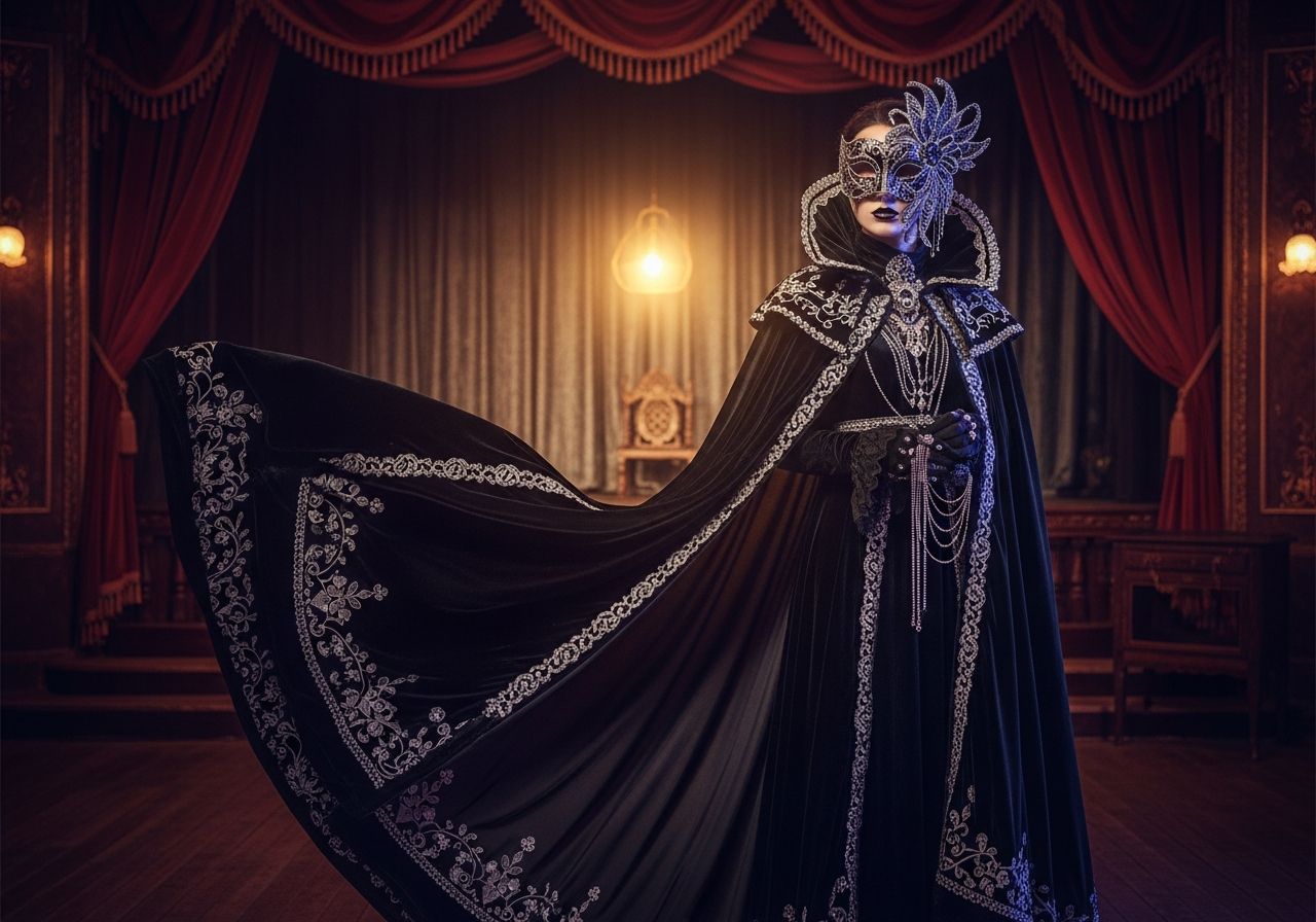 Osoba v gotickom magickom kostýme na tajomnej divadelnej scéne s tmavými závesmi a dramatickou maskou.