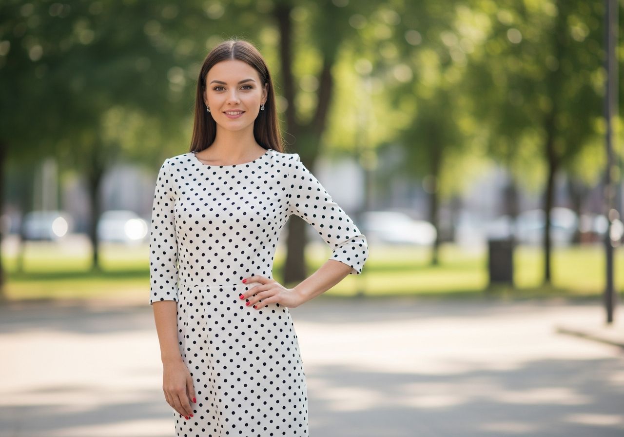 žena v bielych šatách s čiernymi bodkami stojí v parku pri rozmazanej zelenej prírode