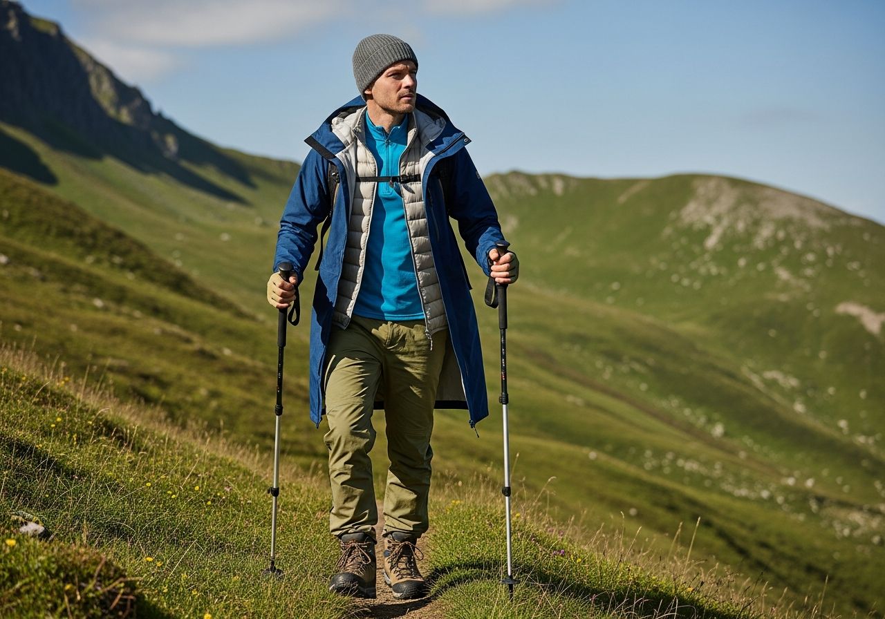 Turista na horskej trase v vrstvenom oblečení s palicami, jasná obloha a zelená alpská príroda.